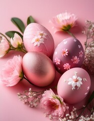 Wall Mural - Easter eggs with delicate floral decoration on pink background 