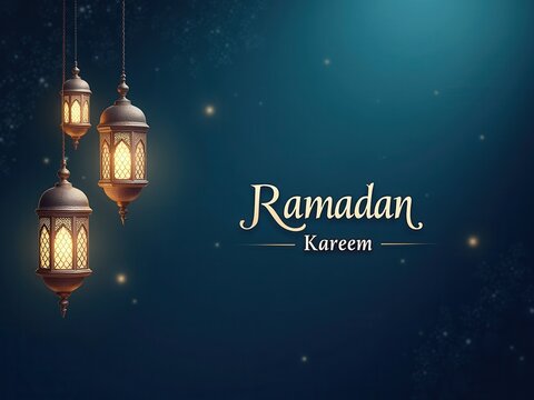 A beautifully designed 'Ramadan Kareem' greeting card featuring elegant hanging lanterns