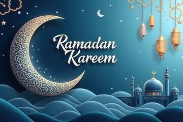 Poster - A beautifully designed Ramadan Kareem greeting card featuring an elegant crescent moon with intricate patterns