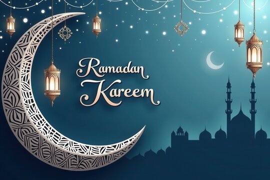 A beautifully designed Ramadan Kareem greeting card featuring an elegant crescent moon with intricate patterns
