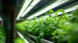 Close-up of vertical farming shelves growing herbs under artificial lights, modern agriculture with space for copy.