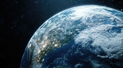 Poster - Image of the Earth from space at night with city lights and stars in the background