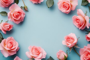 Aufkleber - Fresh pink roses arranged in a circle on a blue background, perfect for decoration or photography
