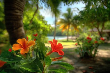 Poster - Close-up of colorful flowers growing in lush green grass