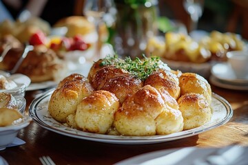 Poster - A wooden table set with plates of various foods