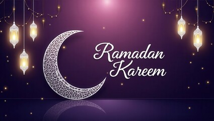 Poster - A beautifully designed Ramadan Kareem greeting card featuring an elegant crescent moon with intricate patterns