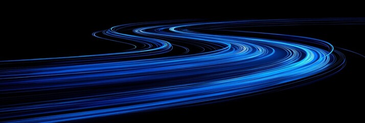 Poster - Abstract Blue Light Trails Dynamic Curved Lines in Motion Against a Black Background