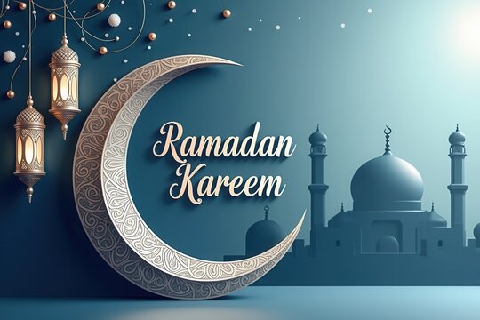 A beautifully designed Ramadan Kareem greeting card featuring an elegant crescent moon with intricate patterns
