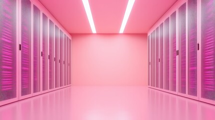 Fototapete - Bright pink room featuring rows of servers for a unique data center experience