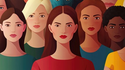 Poster - A group of women standing in various poses and interacting with each other