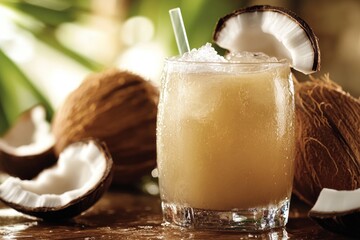 Poster - A glass filled with a refreshing drink placed beside a coconut