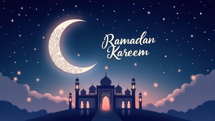 Poster - A modern and artistic Ramadan Kareem greeting card featuring with a half moon;