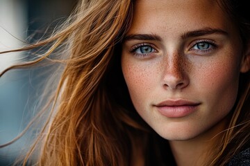 Wall Mural - Portrait of a woman with freckles on her face, close-up view