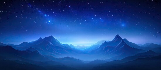Wall Mural - Majestic mountains under a vibrant night sky filled with stars and the Milky Way, featuring deep blues and soft gradients, captivating landscape scene.