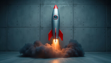 Poster - Vintage Rocket Launching with Flames and Smoke in a Futuristic Industrial Space Setting