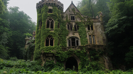 Poster - an old castle covered in vines, blending into the forest.