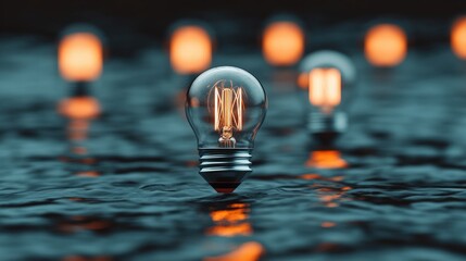 Poster - Single vintage light bulb resting on a wooden table in soft natural light