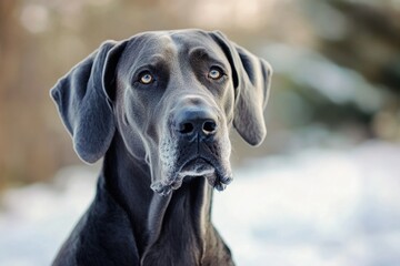 Poster - A black dog sits in a snowy environment