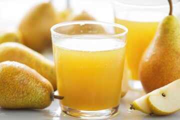 Poster - Freshly squeezed orange juice served with sliced pears for a healthy snack or breakfast