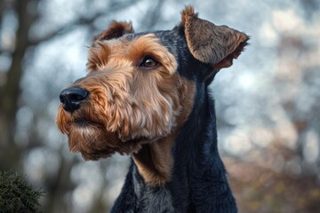 Poster - A close-up view of a dog's face with trees in the background, great for use as a design element or illustration
