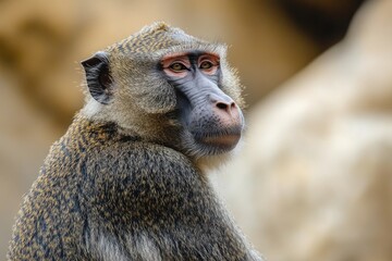 Poster - A close-up view of a curious monkey's face, blurred background