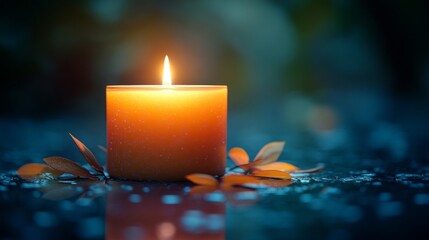 Aufkleber - A solitary candle flickers gently, casting a warm glow in a serene atmosphere. Surrounding leaves add a touch of nature, enhancing the peaceful ambiance at dusk