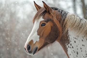 Poster - A horse stands in the snow with its brown and white coat visible