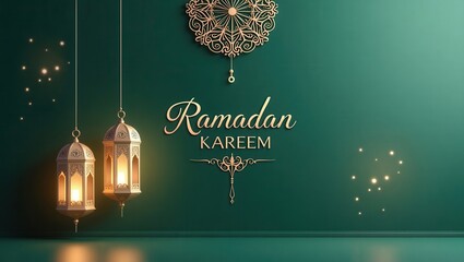 Poster - A sophisticated 'Ramadan Kareem' greeting card featuring two elegant hanging lanterns