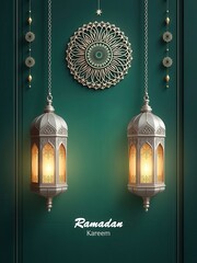 Poster - A sophisticated 'Ramadan Kareem' greeting card featuring two elegant hanging lanterns