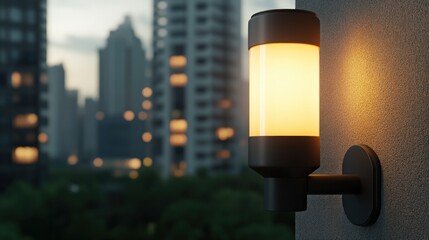 Poster - Modern urban wall lamp illuminating the evening cityscape in soft glow