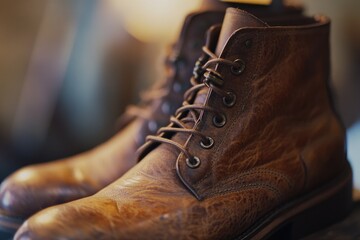 Poster - A pair of brown boots sits atop a wooden table, awaiting use