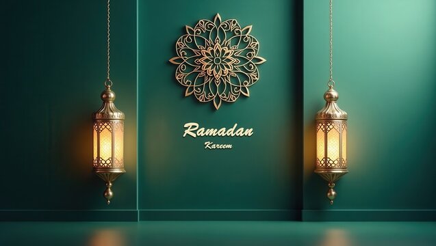 A sophisticated 'Ramadan Kareem' greeting card featuring two elegant hanging lanterns