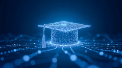 Poster - Digital graduation cap surrounded by glowing particles representing technology, education, and innovation in a futuristic setting