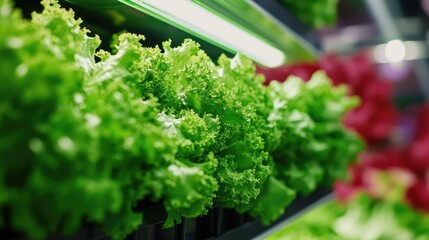 Poster - Modern vertical farming shelves growing fresh vegetables in a high-rise apartment, sustainable city living with space for copy.