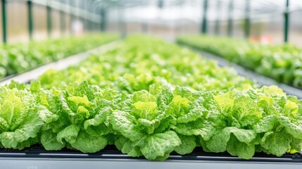Poster - Neatly arranged rows of lettuce plants in a greenhouse, clear farming space for copy text in the background.