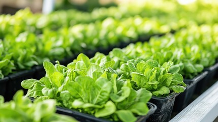 Poster - Neatly arranged rows of lettuce plants in a greenhouse, clear farming space for copy text in the background.