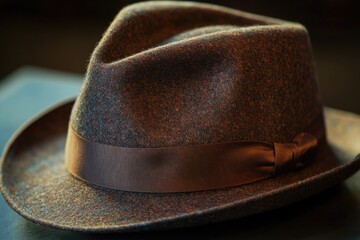 Poster - A brown hat with a bow placed on a table
