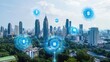 © Tee - Smart city with digital connectivity icons.