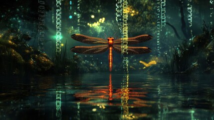 Poster - A glowing dragonfly reflecting on the surface of water
