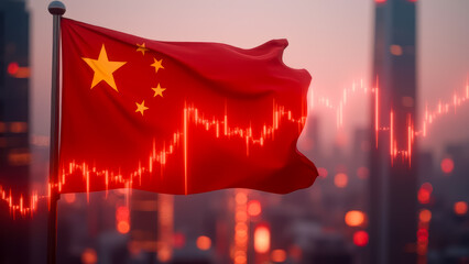 Poster - Vibrant Chinese Flag Against a City Skyline with Digital Graphs Representing Economic Growth and Trading Trends at Sunset