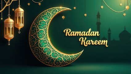 Poster - An artistic Ramadan Kareem greeting card featuring a stunning crescent moon with intricate Islamic patterns