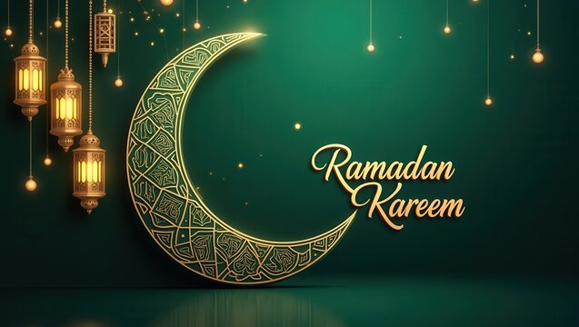 An artistic Ramadan Kareem greeting card featuring a stunning crescent moon with intricate Islamic patterns