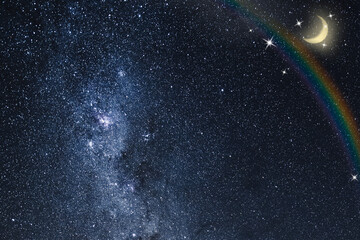Wall Mural - galaxy milky way background, dark starry sky with rainbow