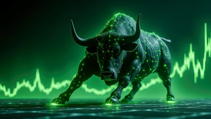 Poster - Digital representation of a bullish stock market trend featuring a geometric bull design and glowing green elements with rising graph lines