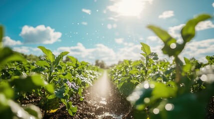 Rows of crops being irrigated by automated sprinklers under a blue sky, representing smart irrigation systems with room for text.