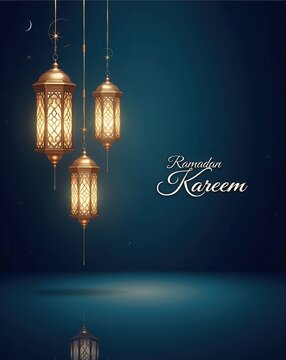 A beautifully designed 'Ramadan Kareem' greeting card featuring elegant hanging lanterns