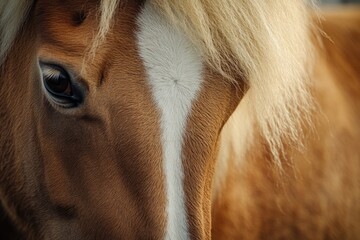 Poster - A close-up shot of a horse's face with a blurred background, ideal for use in equine-themed projects or as a design element