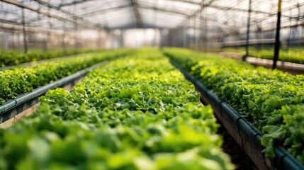 Poster - Rows of leafy greens growing on a vertical farm inside a well-lit urban greenhouse, modern agriculture innovation with space for copy.