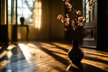 Poster - A simple still life image featuring a vase of flowers on a wooden floor