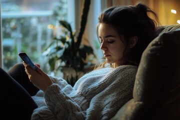 Poster - A woman sits on a couch, engrossed in her mobile device